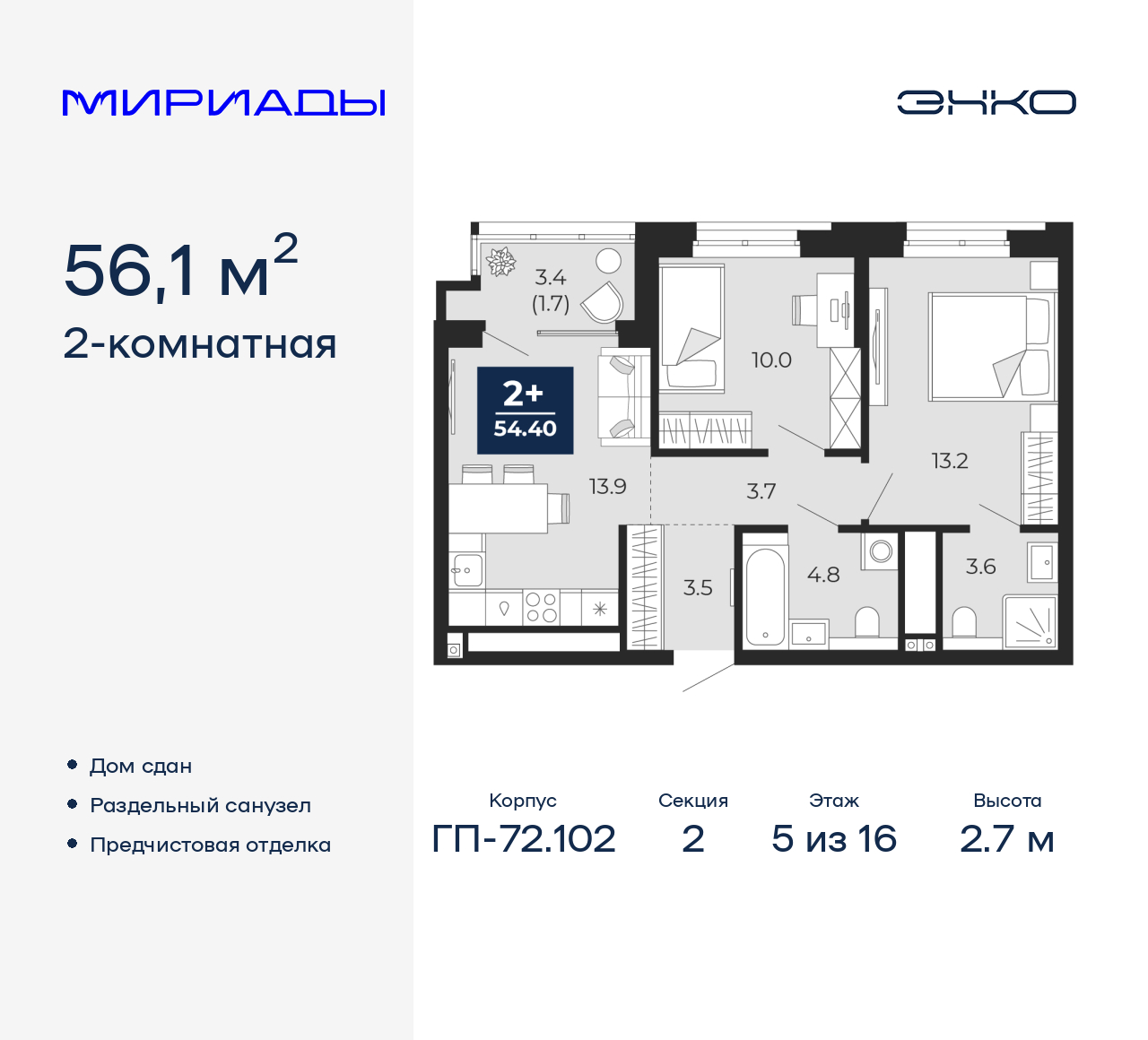 2-комнатная, 56.1 м2, ЖК «Мириады город в принципах ЭНКО»