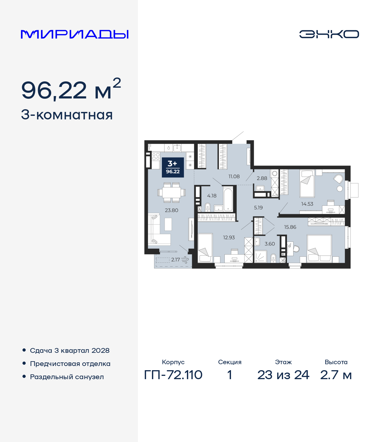 3-комнатная, 96.22 м2, ЖК «Мириады город в принципах ЭНКО»