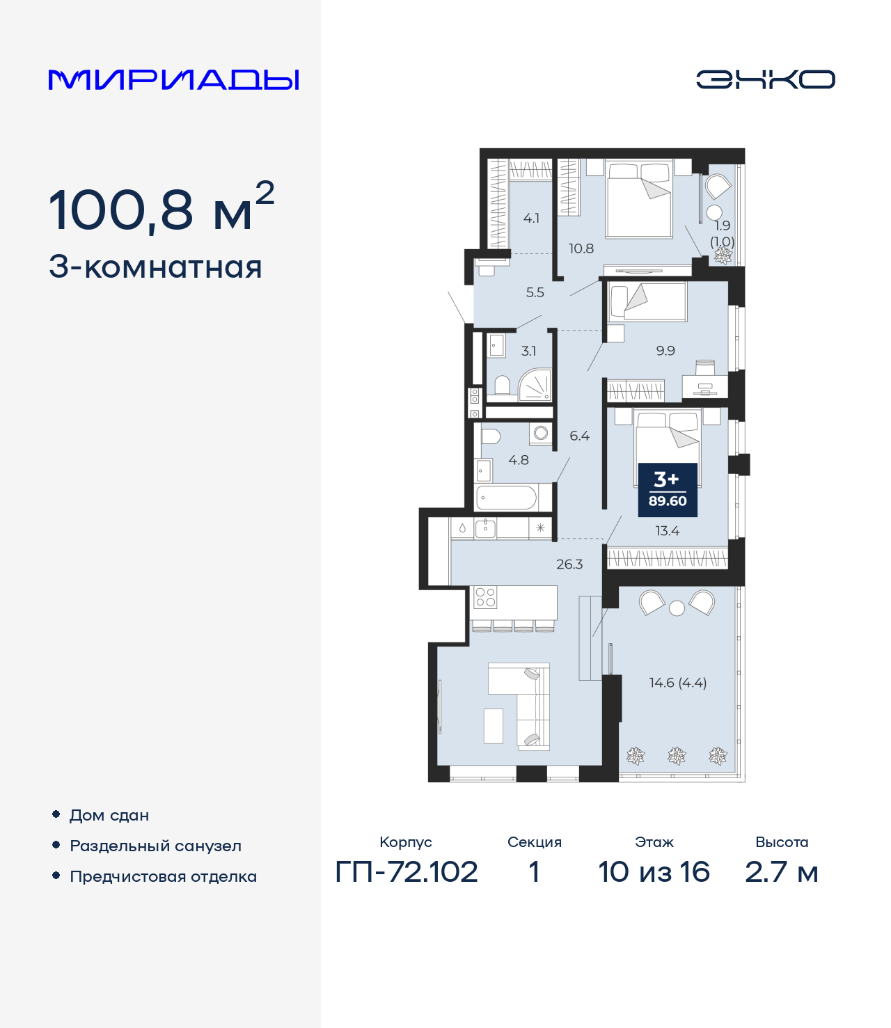 3-комнатная, 100.8 м2, ЖК «Мириады город в принципах ЭНКО»
