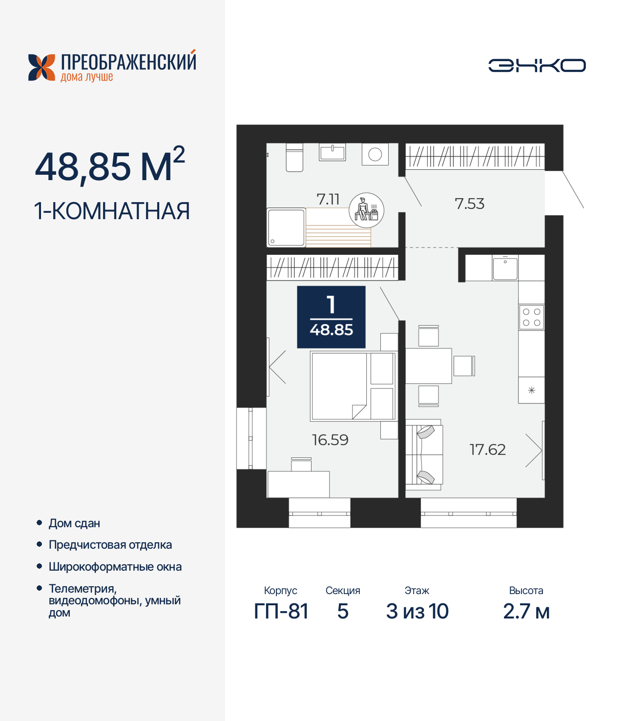 1-комнатная, 48.85 м2, квартал «Преображенский»