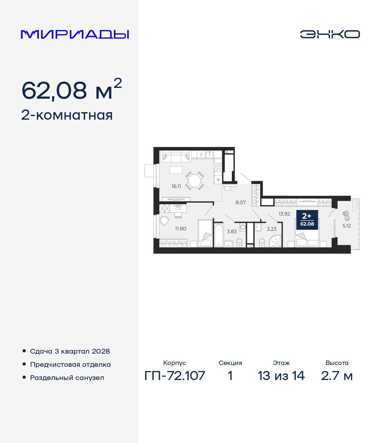 2-комнатная, 62.08 м2, ЖК «Мириады город в принципах ЭНКО»