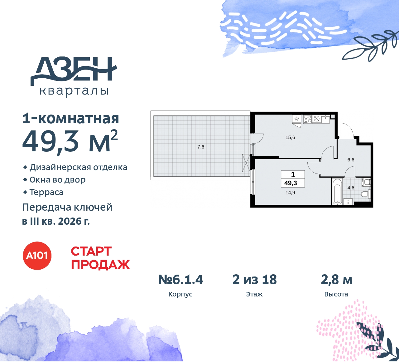 Продажа 1-комнатной новостройки, Москва, Дзен-кварталы,  2.1