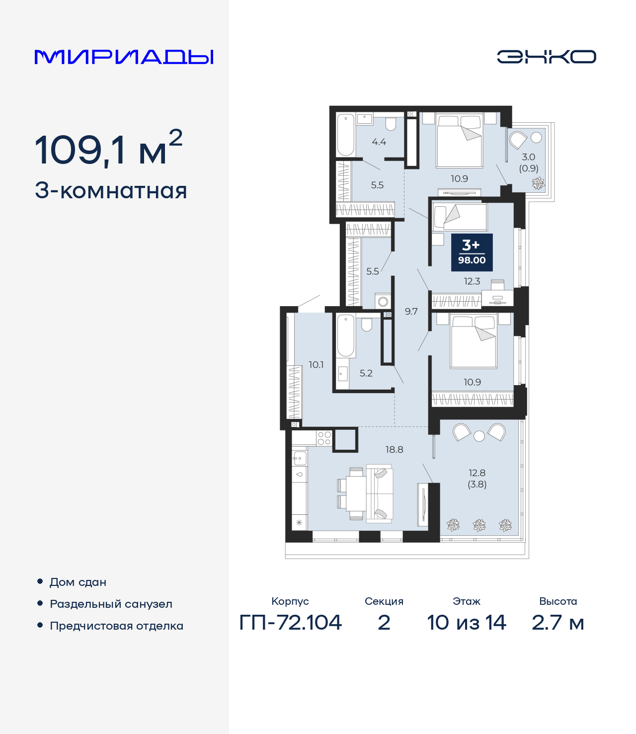 3-комнатная, 109.1 м2, ЖК «Мириады город в принципах ЭНКО»
