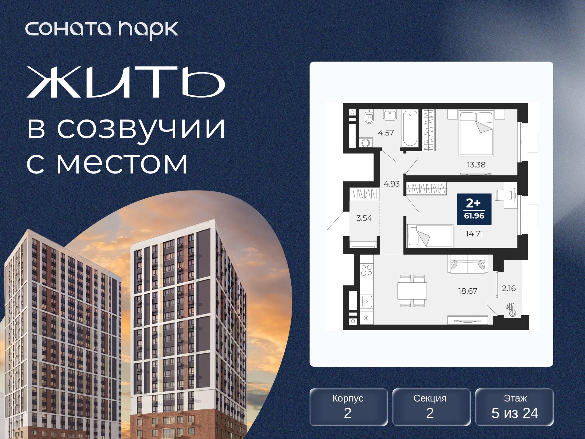 2-комнатная, 61.96 м2, ЖК «Соната Парк» 2-комнатная, 61.96 м2, ЖК «Соната Парк»