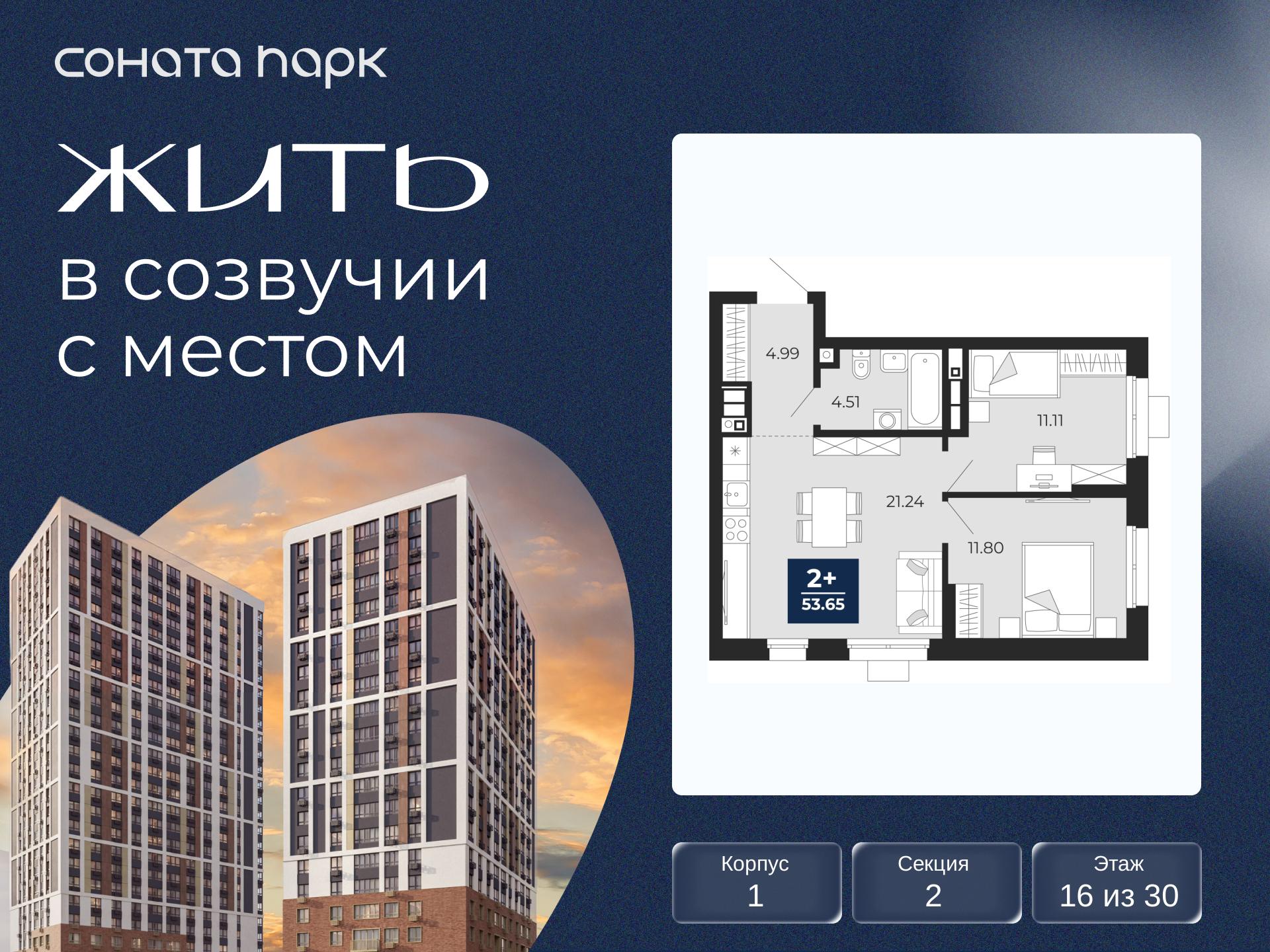 2-комнатная, 53.65 м2, ЖК «Соната Парк» 2-комнатная, 53.65 м2, ЖК «Соната Парк»