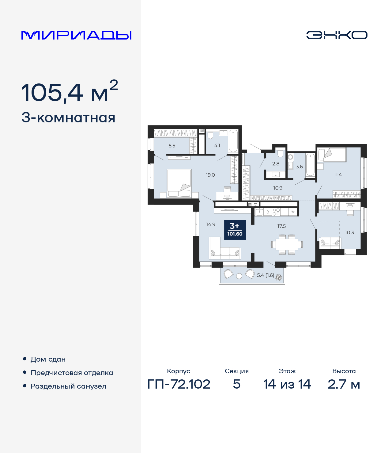 3-комнатная квартира, 105.4 кв.м, ЖК «Мириады город в принципах ЭНКО»