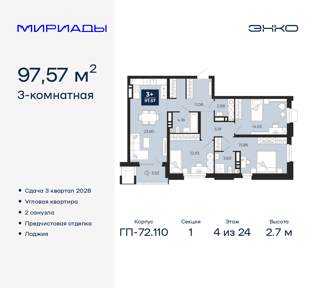 3-комнатная, 97.57 м2, ЖК «Мириады город в принципах ЭНКО»