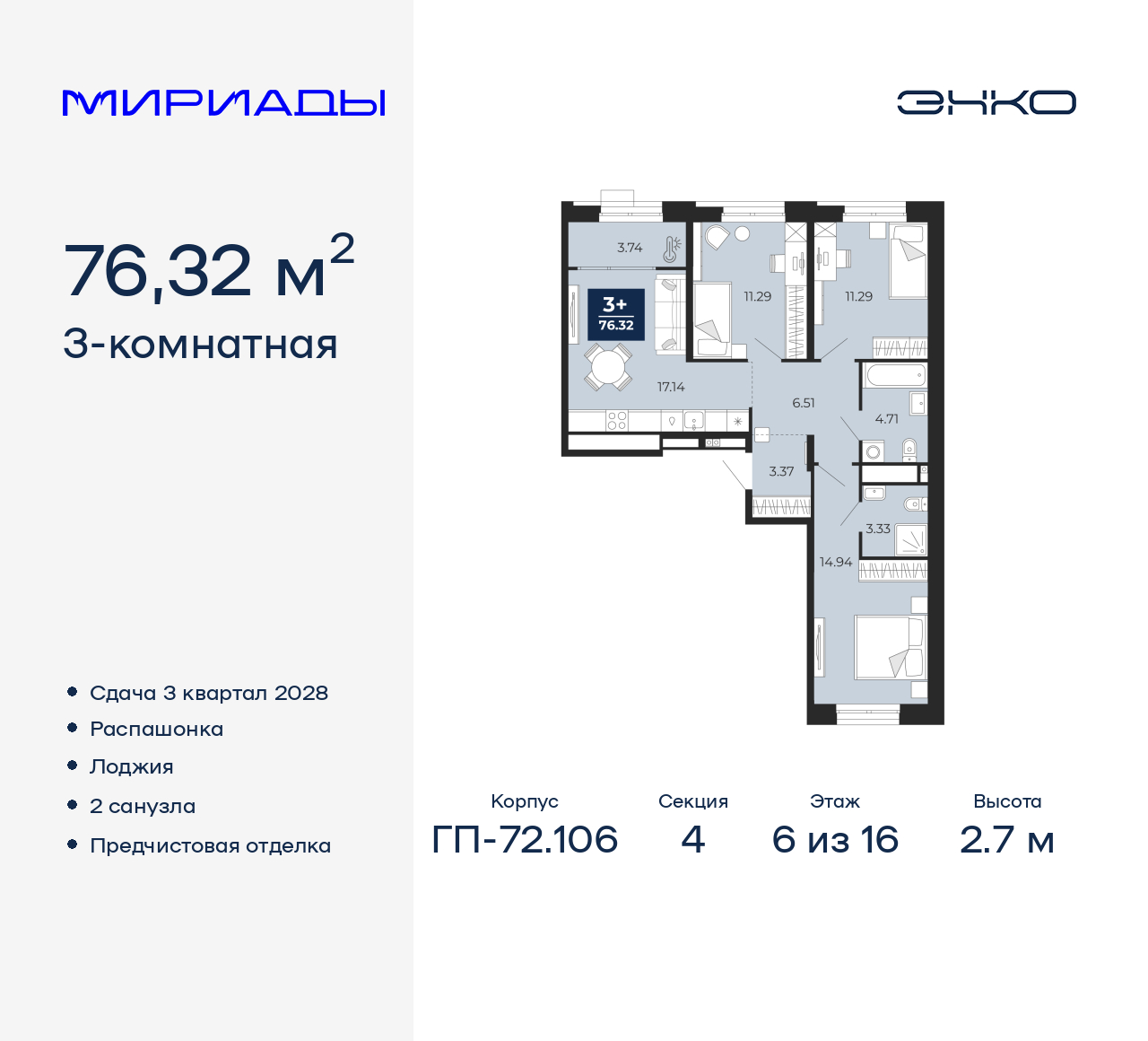 3-комнатная квартира, 76.32 кв.м, ЖК «Мириады город в принципах ЭНКО»