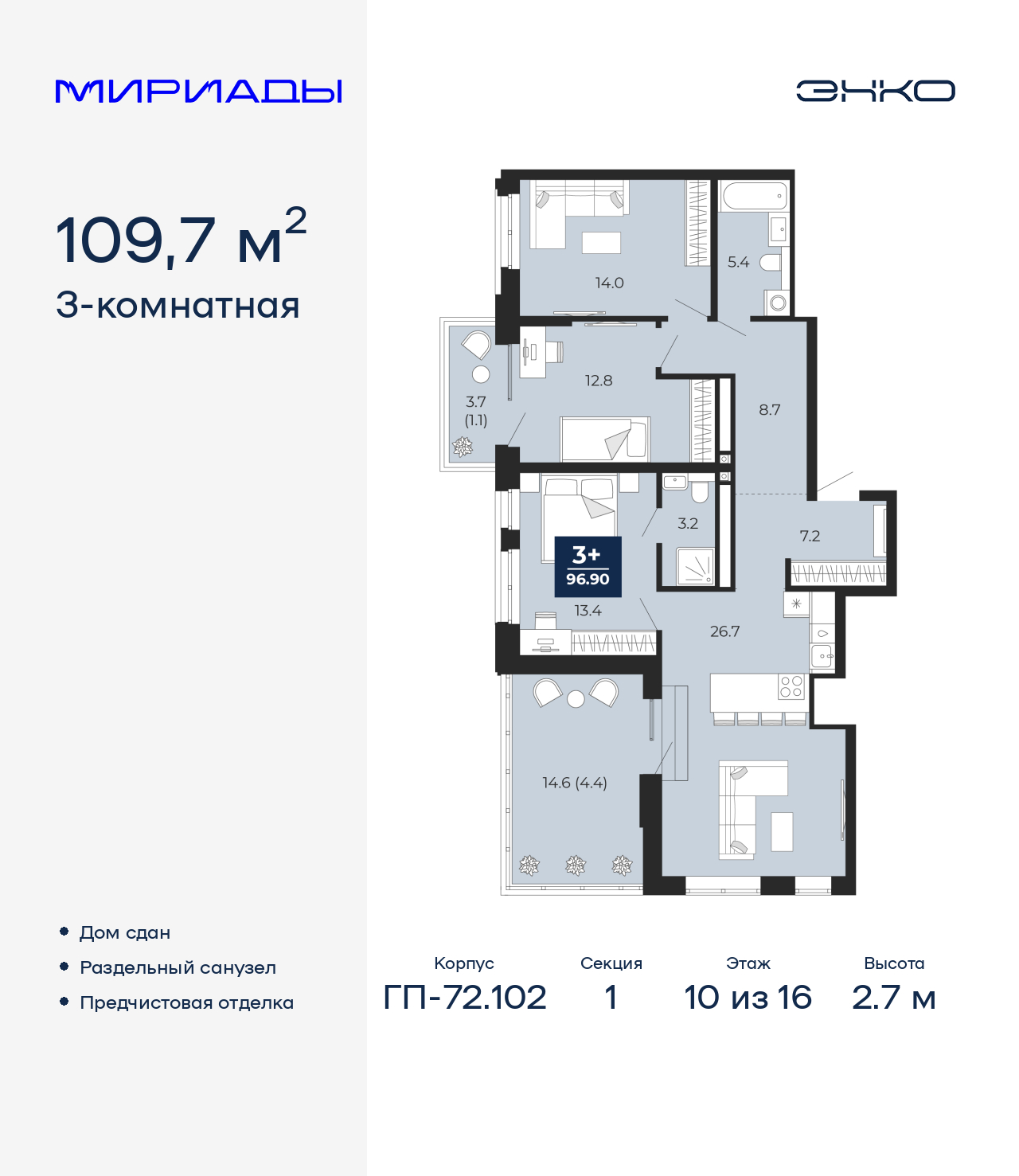 3-комнатная квартира, 109.7 кв.м, ЖК «Мириады город в принципах ЭНКО»