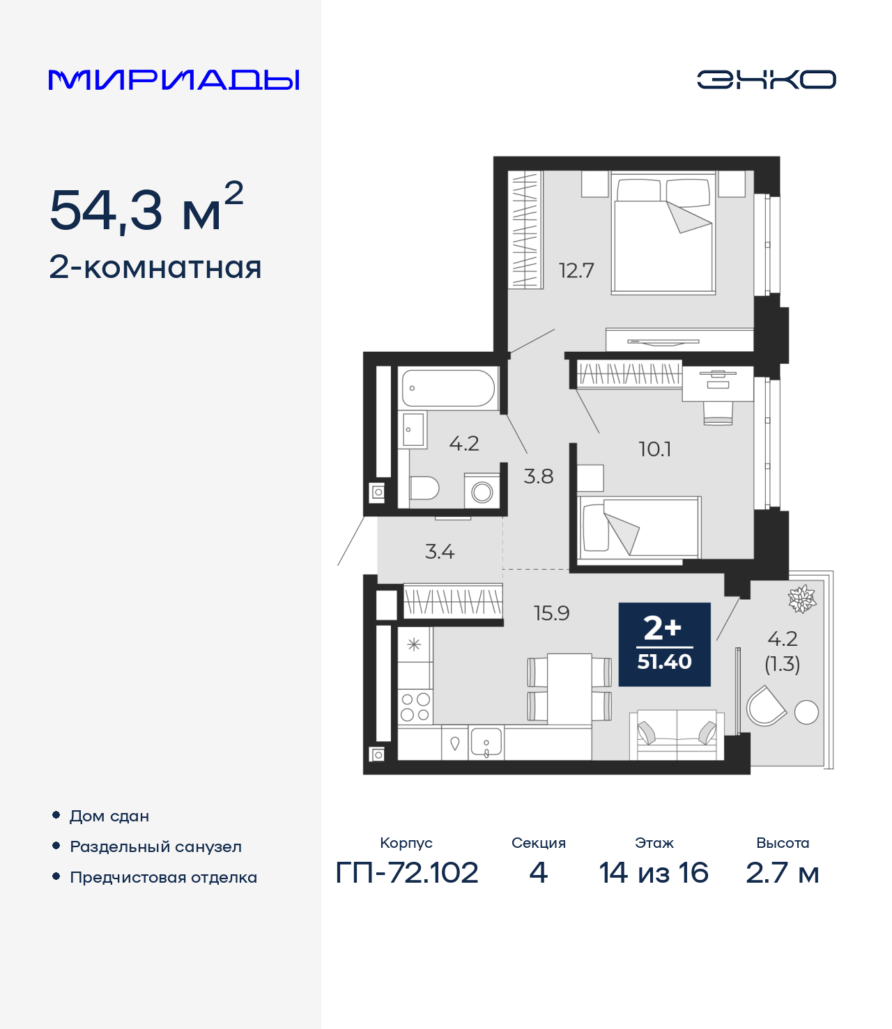 2-комнатная, 54.3 м2, ЖК «Мириады город в принципах ЭНКО»