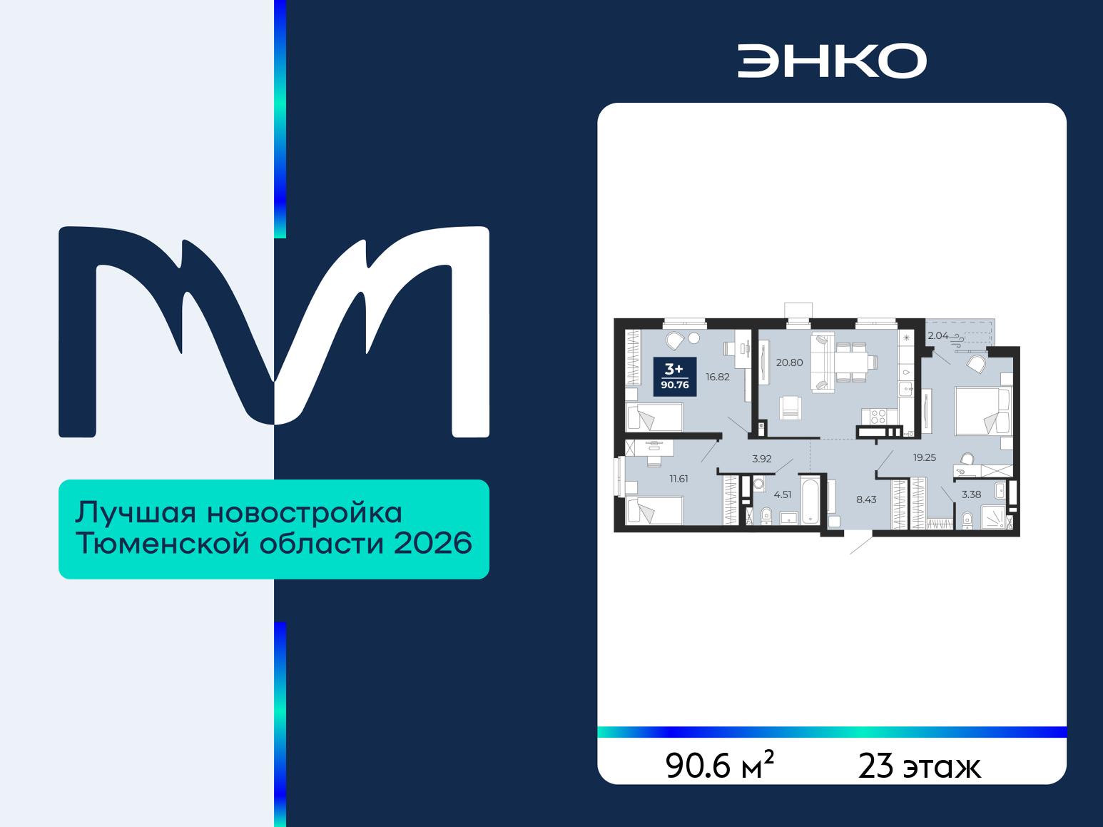 3-комнатная квартира, 90.6 кв.м, ЖК «Мириады город в принципах ЭНКО» 3-комнатная квартира, 90.6 кв.м, ЖК «Мириады город в принципах ЭНКО»