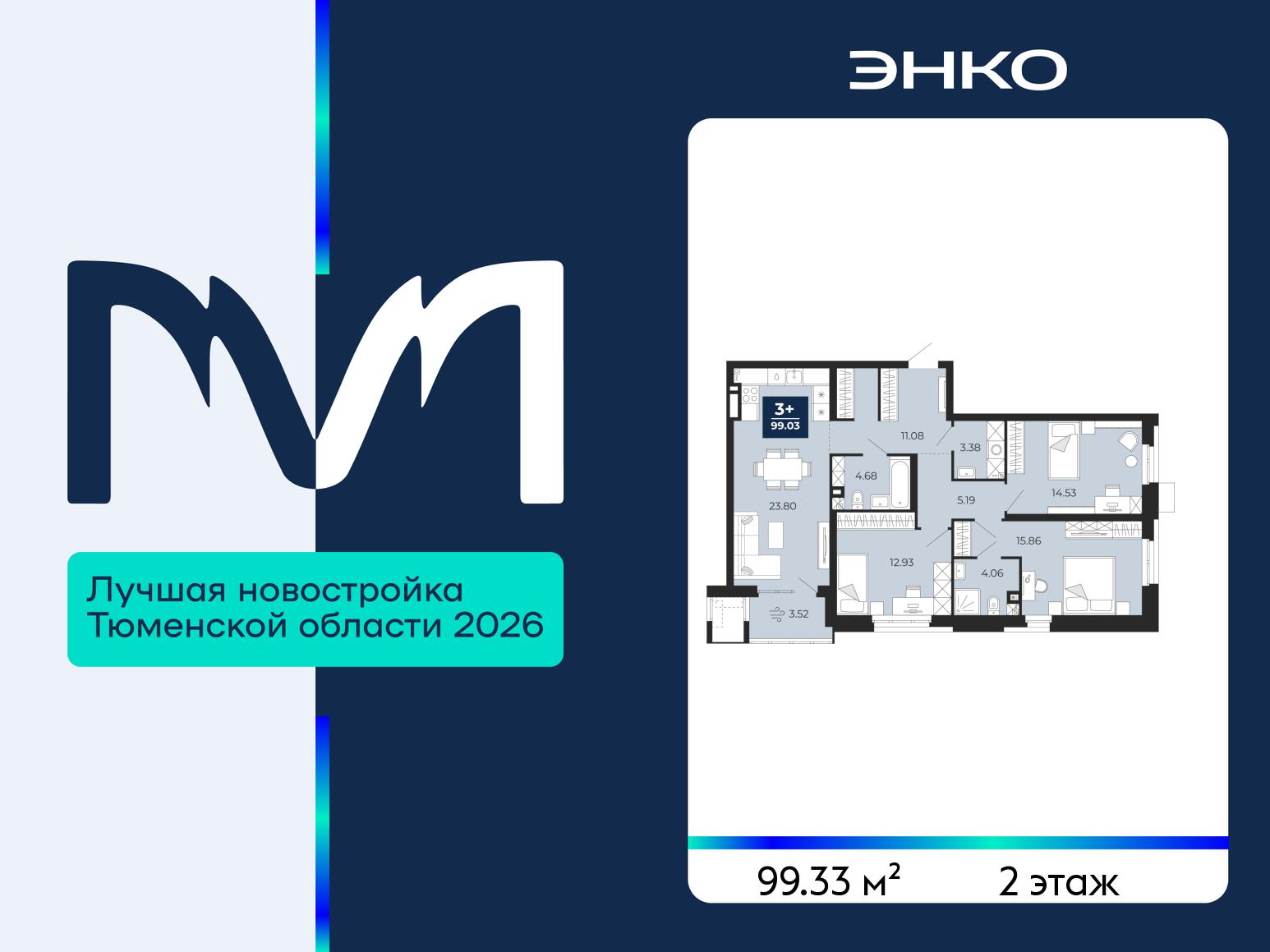 3-комнатная квартира, 99.33 кв.м, ЖК «Мириады город в принципах ЭНКО»