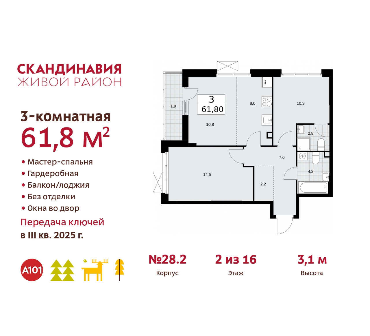 Продажа 3-комнатной новостройки, Москва, жилой комплекс Скандинавия,  28.2