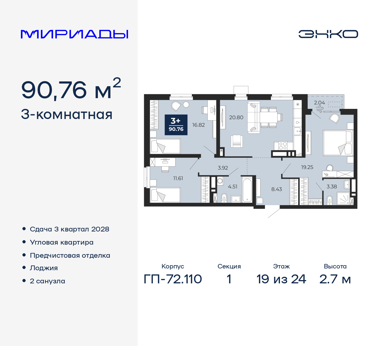 3-комнатная, 90.76 м2, ЖК «Мириады город в принципах ЭНКО»