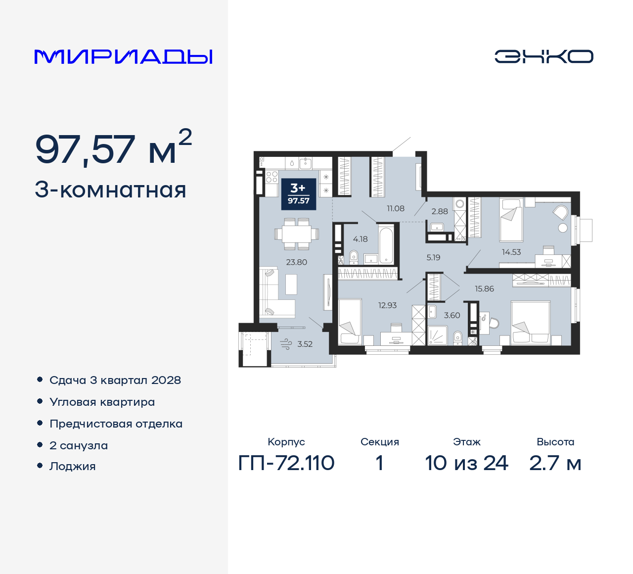3-комнатная, 97.57 м2, ЖК «Мириады город в принципах ЭНКО»