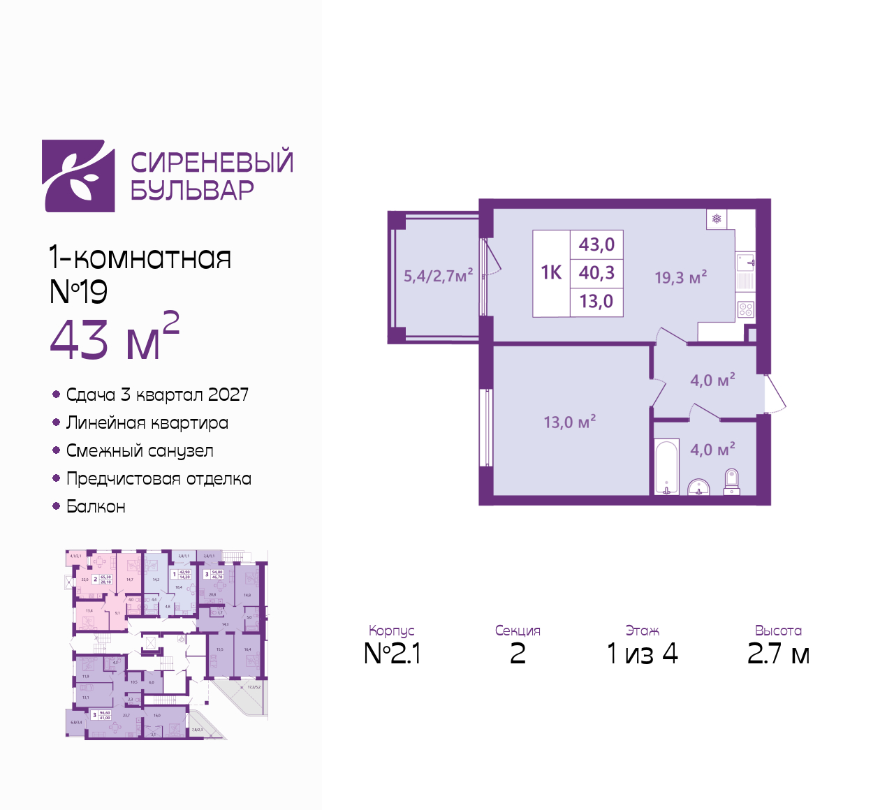 Планировка: null-комн. 43 м² · этаж 1